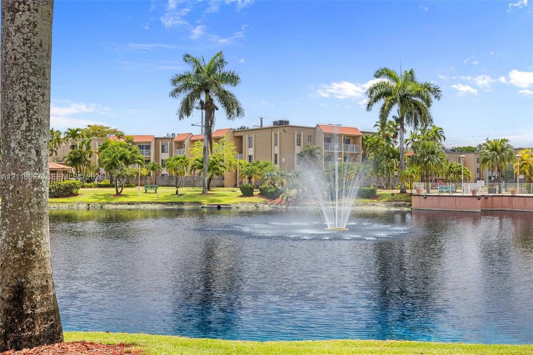 Waterfront grounds featuring a central fountain, manicured lawn, palm trees, and multi-story building exterior