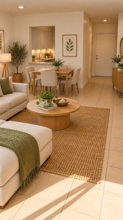 Open floor plan featuring neutral tile flooring, recessed lighting, and a pass-through serving window