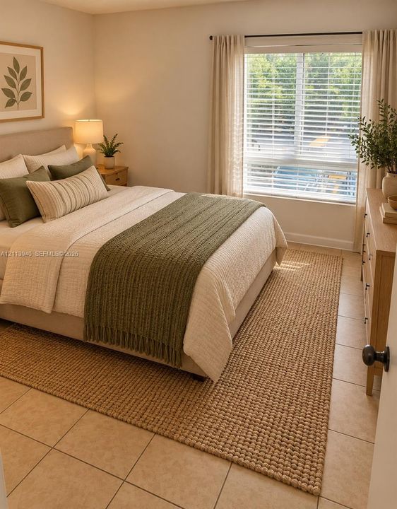Neutral-toned tile flooring, large window with horizontal blinds, and neutral wall color