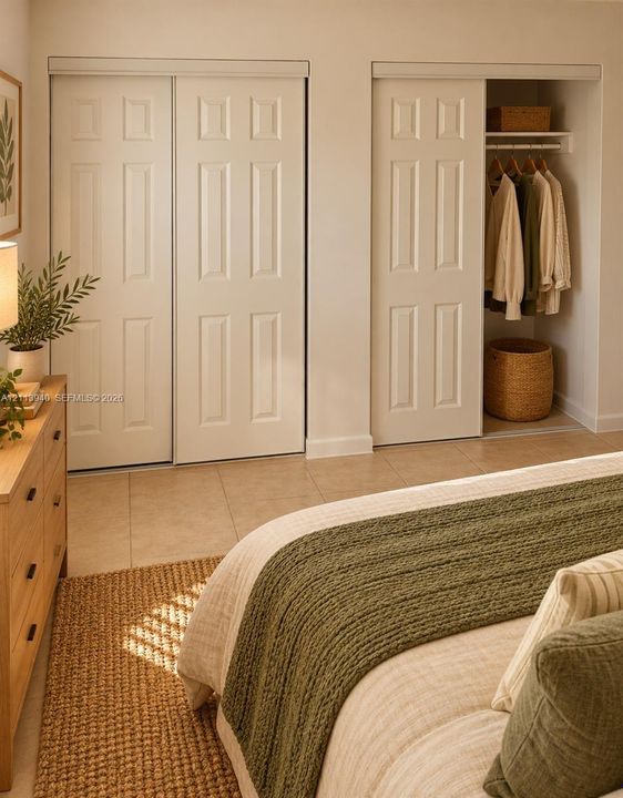 Dual closets featuring white six-panel sliding doors and neutral tile flooring