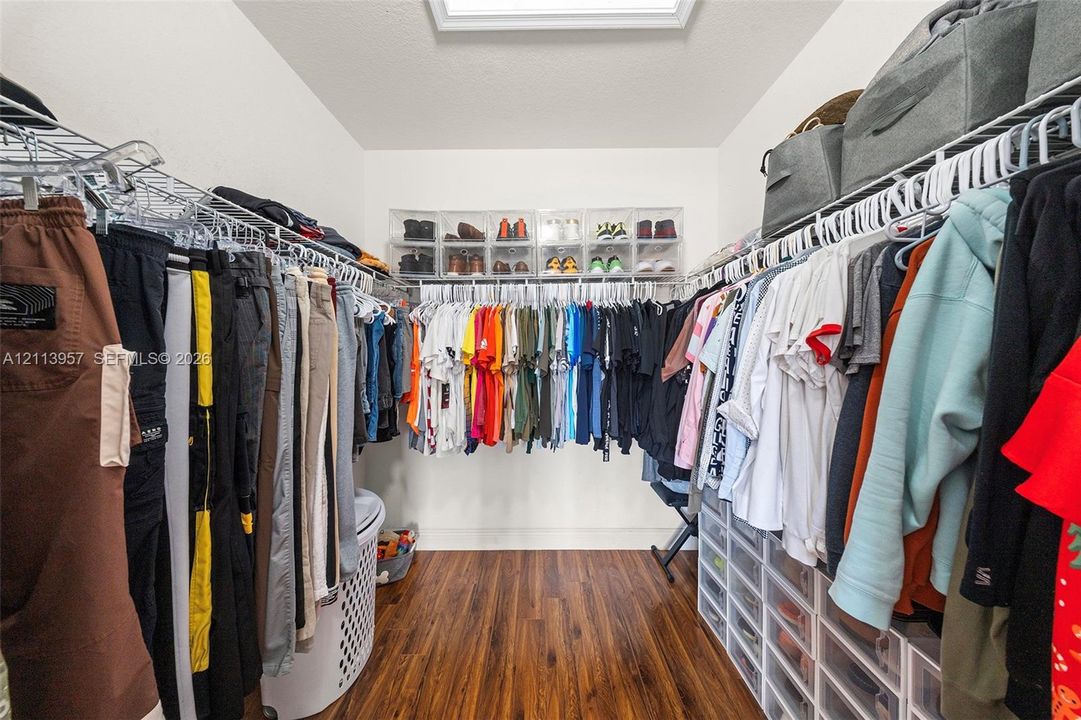 Walk-in closet featuring wire shelving, skylight, and wood-finish flooring