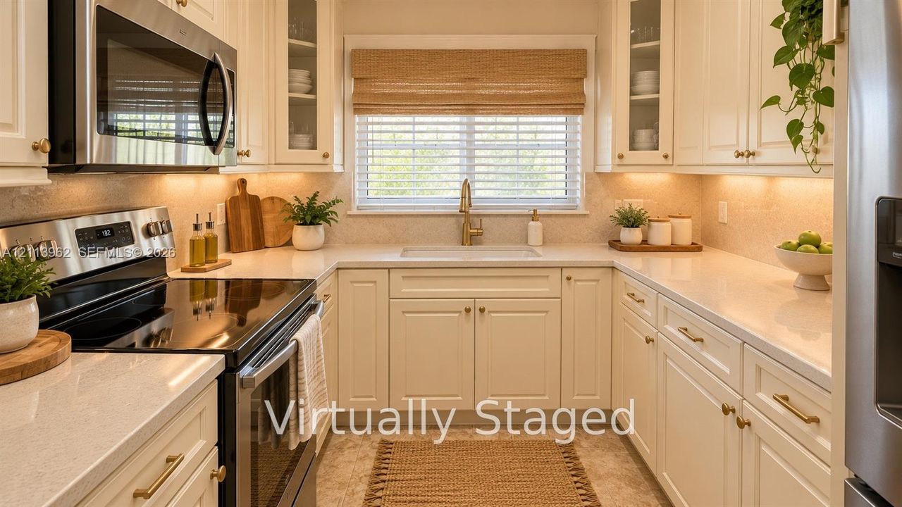 Kitchen featuring white shaker-style cabinetry with glass-front uppers, solid surface countertops, stainless steel appliances, and under-cabinet lighting