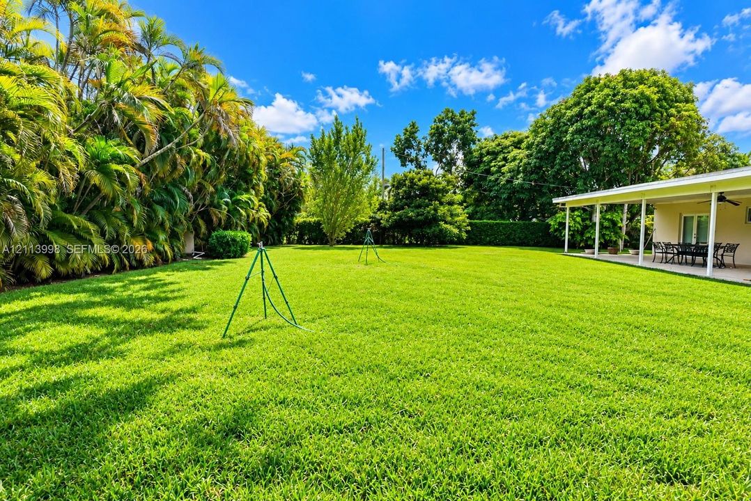 Expansive backyard featuring a manicured lawn, perimeter landscaping, mature trees, and a covered patio