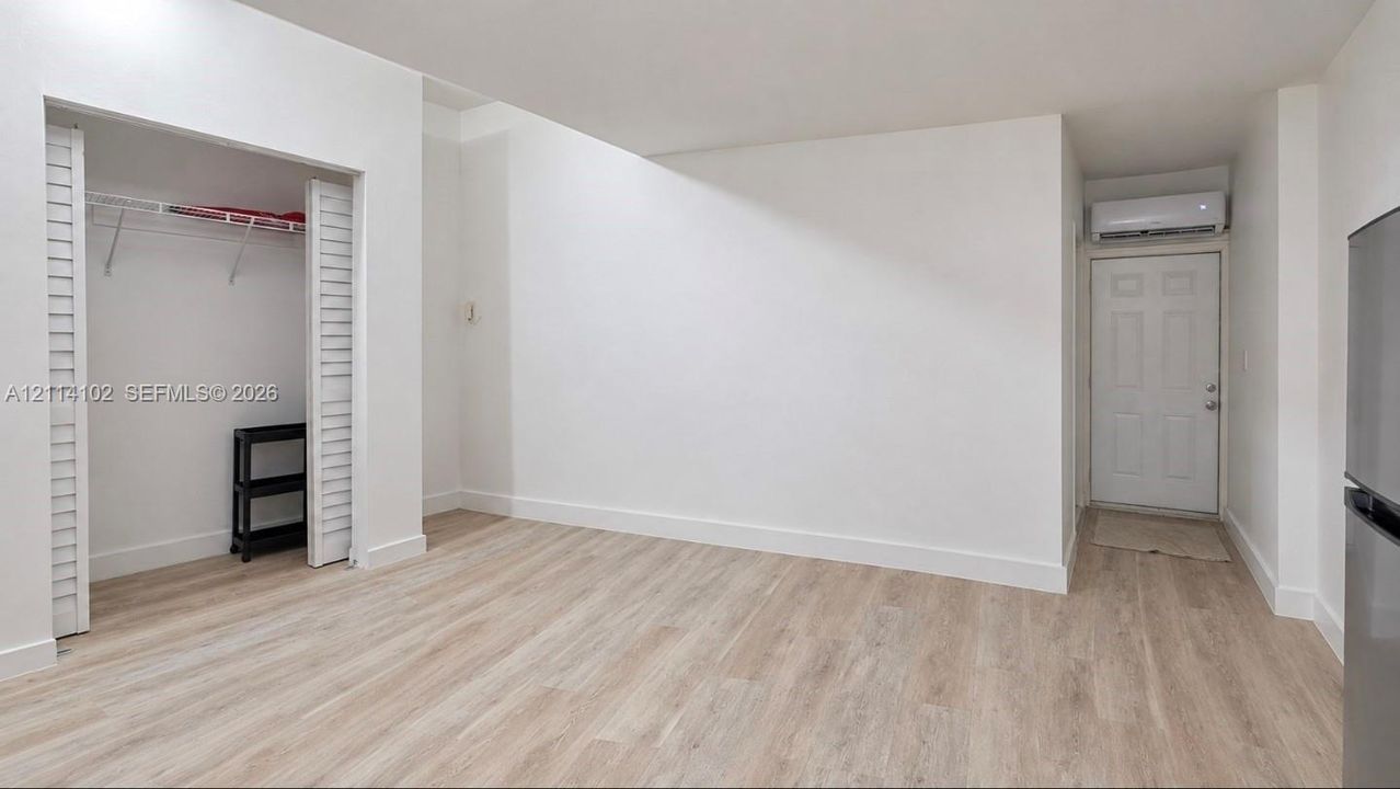 Interior space featuring wood-finish flooring, a closet with louvered bifold doors, a wall-mounted ductless mini-split unit, and a solid-panel door