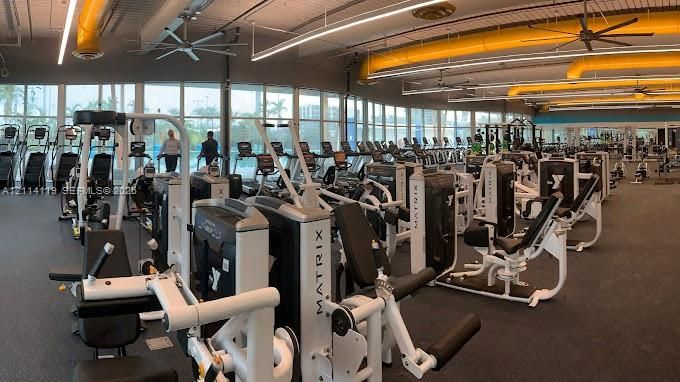 Expansive fitness center featuring floor-to-ceiling windows, high ceilings with exposed ductwork, rubberized flooring, and an extensive array of integrated exercise equipment