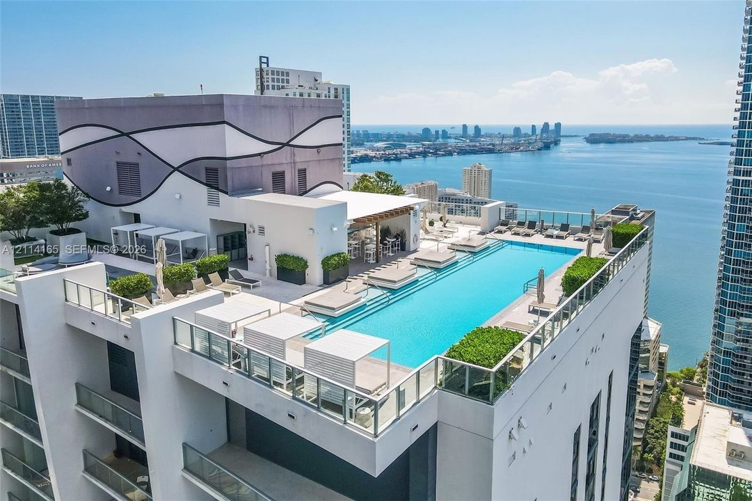 Rooftop terrace featuring an infinity-edge swimming pool, glass balcony railings, a pergola-covered bar area, and expansive water backdrop
