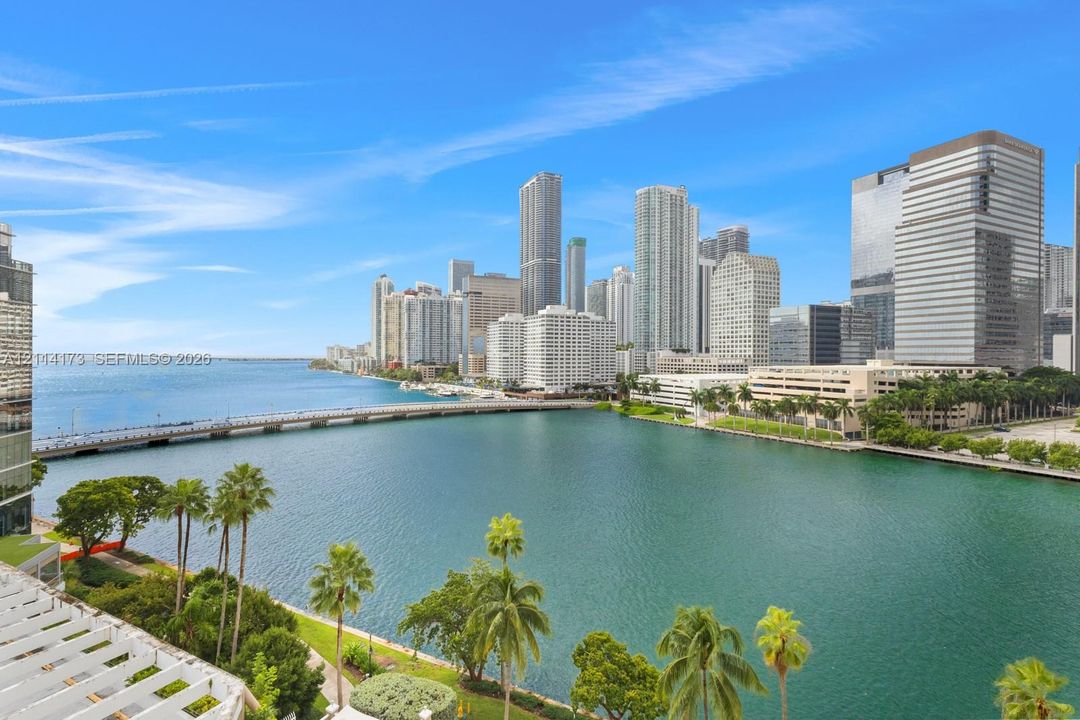 Panoramic waterfront outlook featuring the downtown skyline, a concrete bridge, and established palm trees
