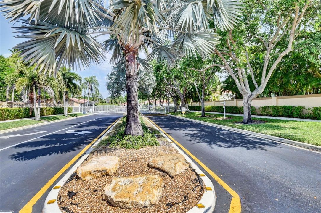 Gated entrance featuring paved roadway, palm tree landscaping, stone accents, and manicured green space