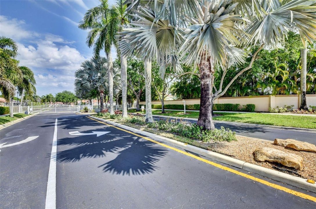 Paved roadway featuring mature palm trees, landscaped garden beds with natural stone accents, and a perimeter wall