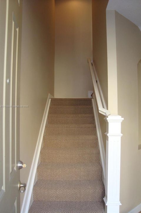 Staircase featuring wall-to-wall carpet, a white wooden newel post, and a matching handrail
