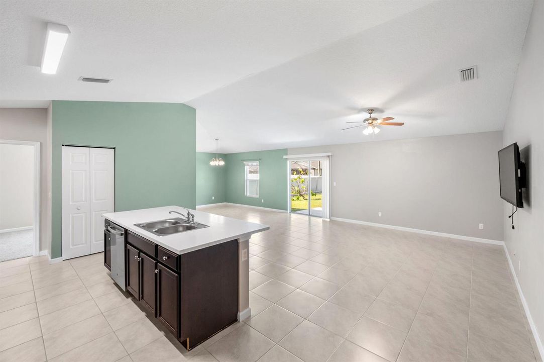 Kitchen, dining, and living