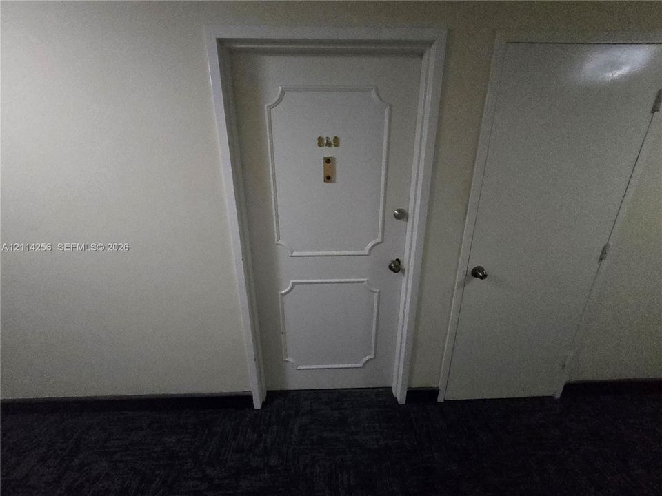 White paneled entry door with integrated hardware and polished address numerals, accompanied by a flat-panel interior door with a brushed metallic knob