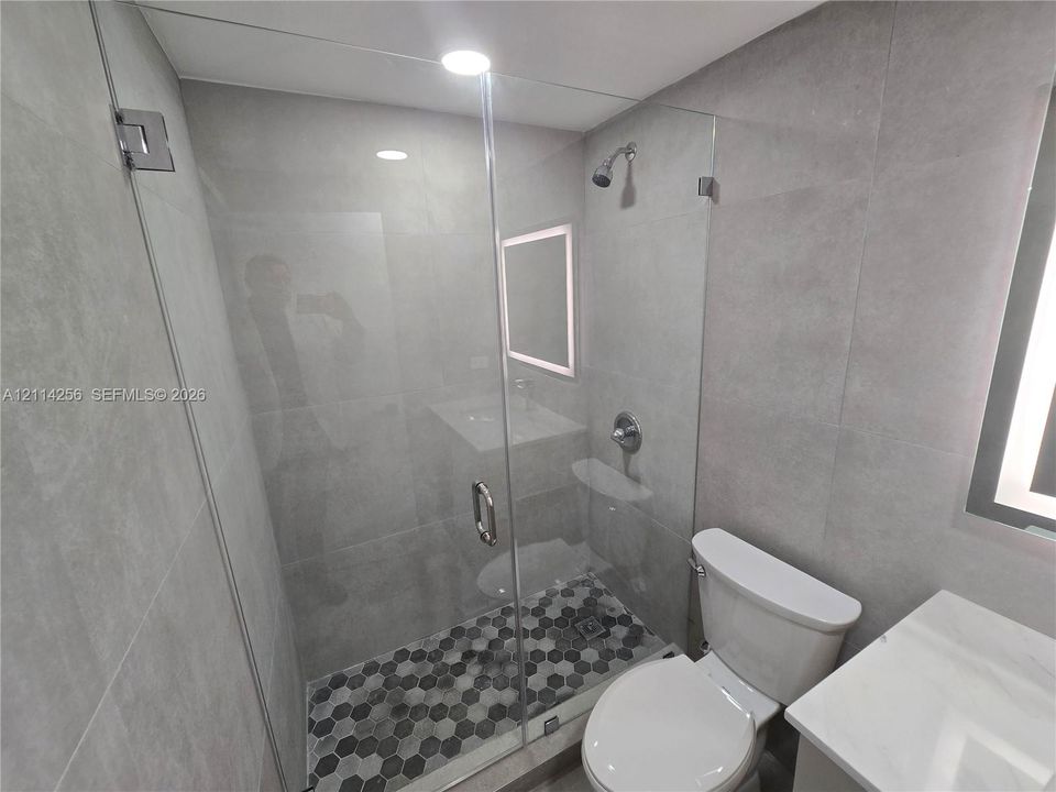 Walk-in shower with frameless glass enclosure, floor-to-ceiling large-format wall tile, hexagonal floor tile, and wall-mounted illuminated vanity mirror