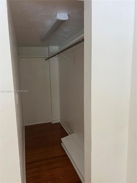 Closet featuring wood-finish flooring, a built-in clothing rod, a white shelf, and a flush-mount ceiling light fixture