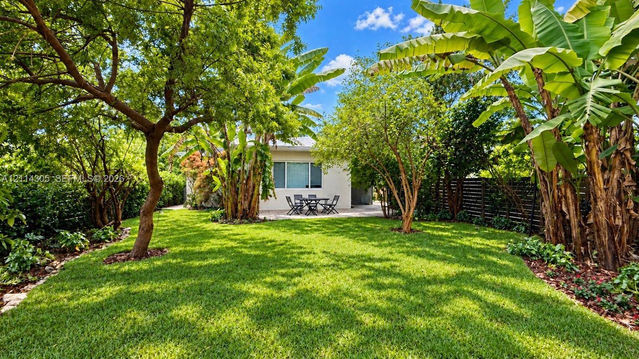 Private backyard featuring a manicured lawn, established tropical foliage, mature trees, and a paved patio area enclosed by horizontal slat fencing