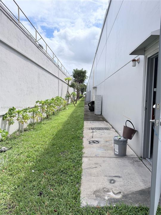 Exterior side corridor featuring a concrete walkway, perimeter wall, and a row of plantings