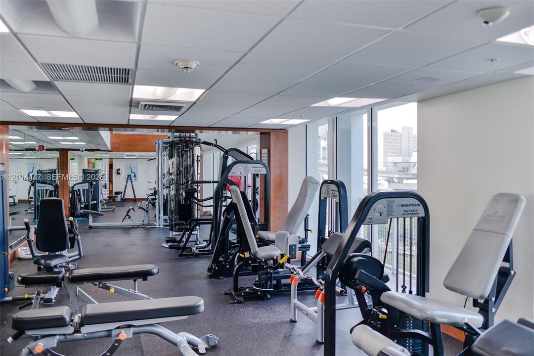 Fitness center featuring floor-to-ceiling windows, mirrored walls, drop ceiling panels, and resilient rubber flooring