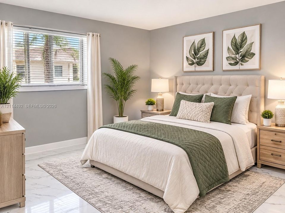 Neutral-toned room featuring stone-finish tile flooring, a large horizontal window, and a tufted upholstered headboard