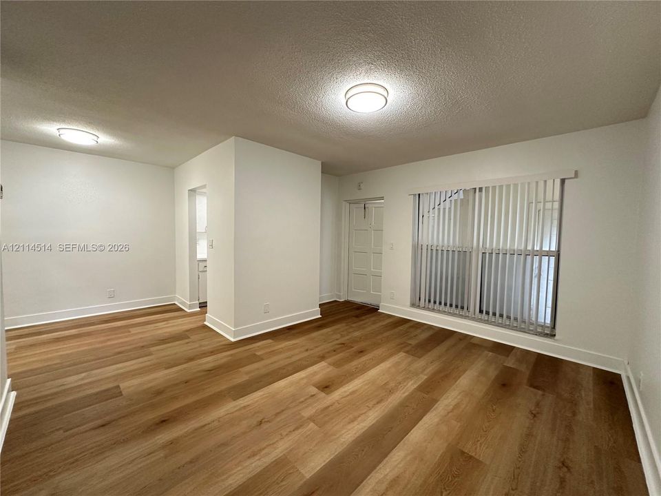 Wood-finish flooring, neutral walls, flush-mount ceiling lighting, and vertical window blinds