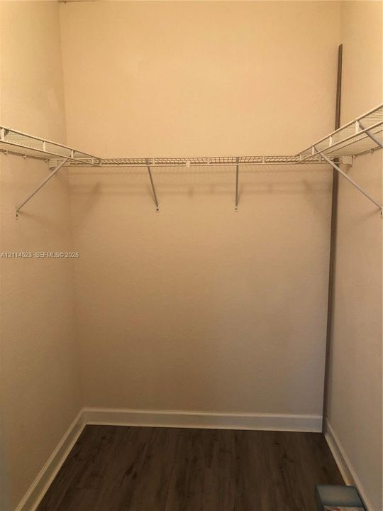 Storage closet featuring wall-to-wall wire shelving and wood-finish flooring
