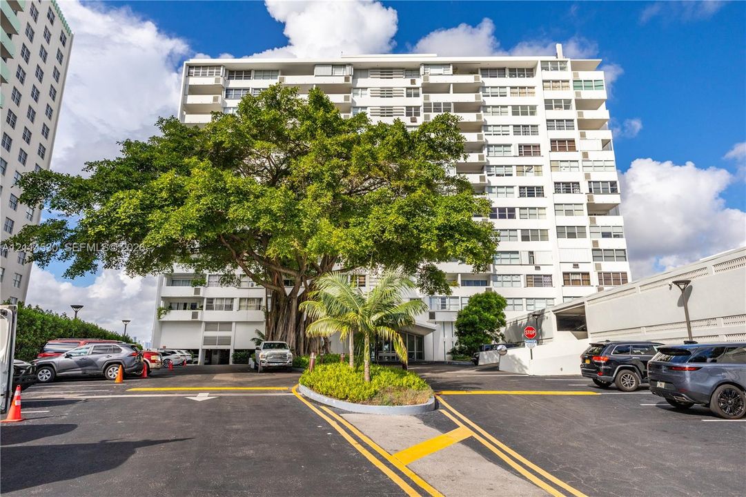 Mid-rise residential building featuring private balcony levels, ground-level surface parking, mature specimen trees, and established landscaping