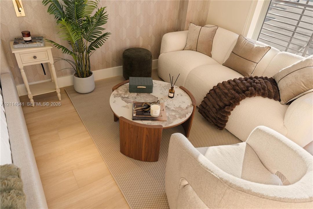 Wood-finish flooring, patterned wall coverings, and horizontal blind window treatments