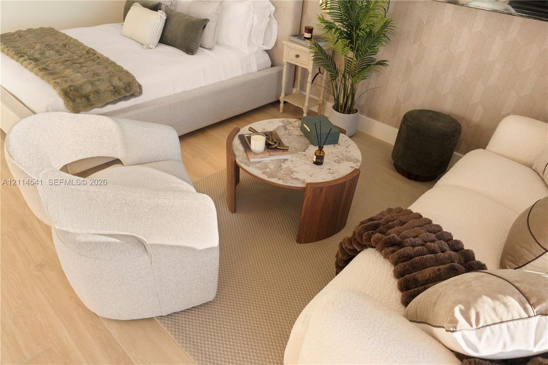 Wood-finish flooring and geometric patterned wall texture