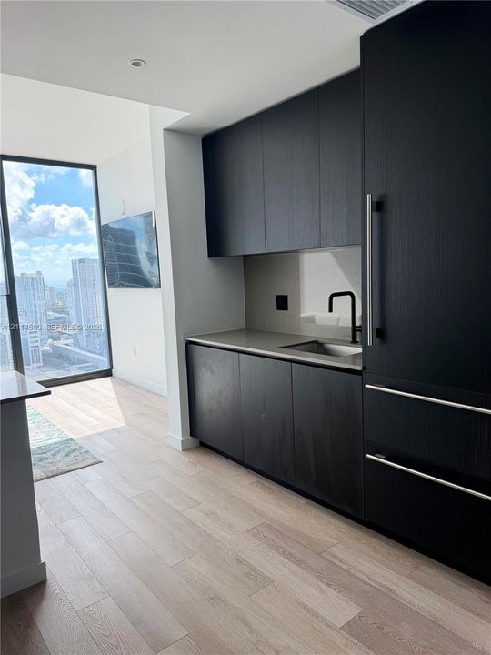 Kitchenette featuring custom matte black cabinetry, quartz countertops, a stainless steel sink with a matte black faucet, integrated appliances, and wood-finish flooring