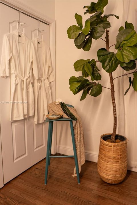 Wood-finish flooring and white paneled doors with metal hardware
