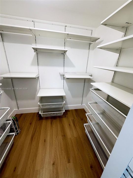 Walk-in closet featuring wood-finish flooring, adjustable wall-mounted shelving, and integrated pull-out wire drawers