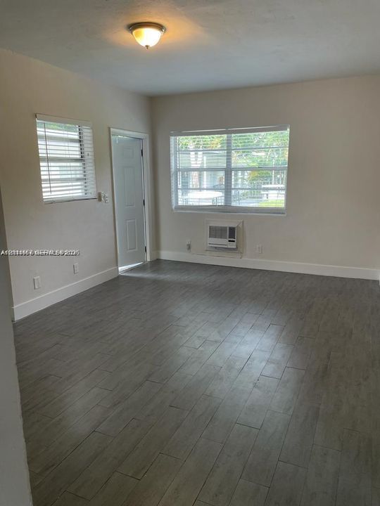 Interior space featuring wood-finish flooring, two windows with horizontal blinds, a single-panel door, and a ceiling-mounted light fixture
