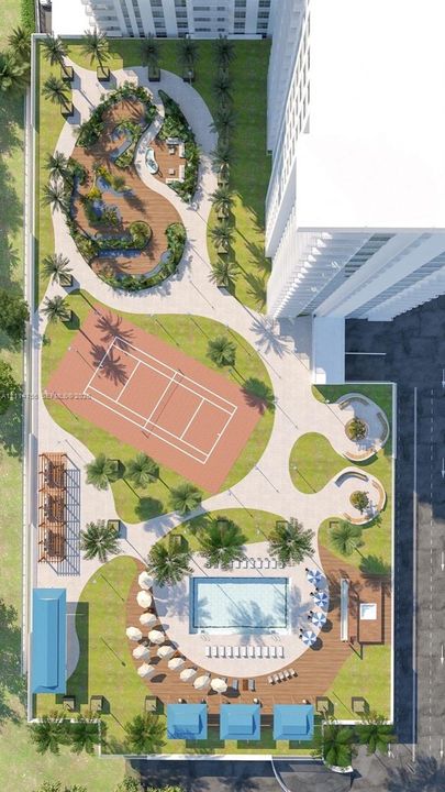 Aerial view of the exterior grounds featuring a swimming pool, mini golf course, landscaped walking paths, wood-finish decking, and built-in circular seating areas
