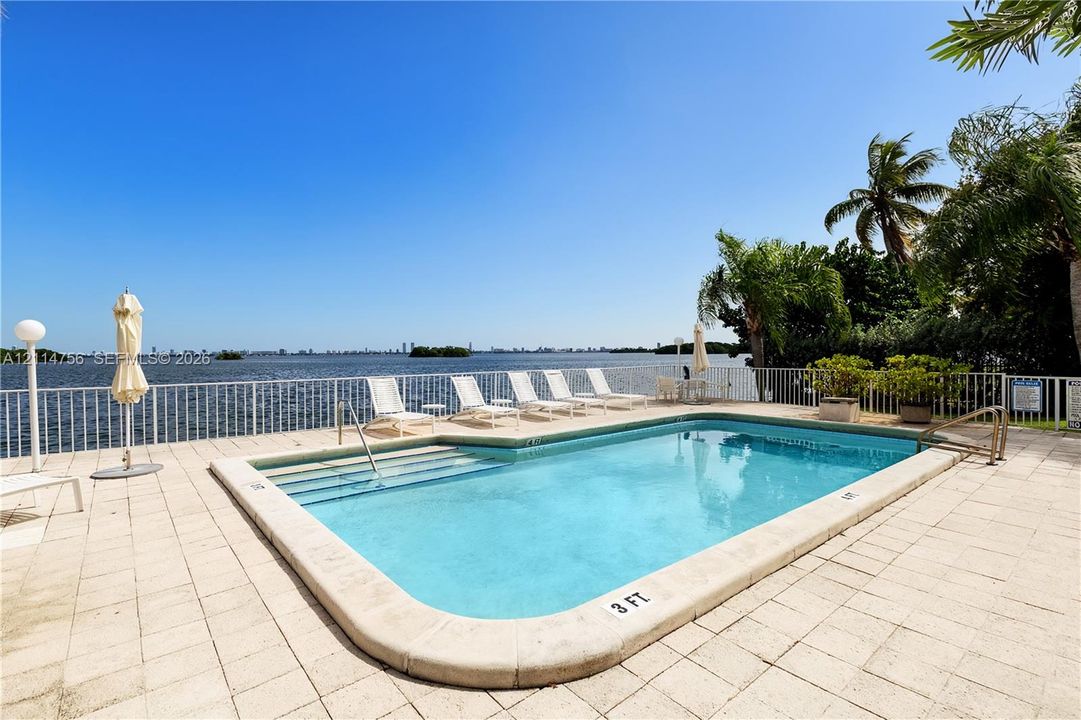 Inground swimming pool with integrated stair entry, surrounded by a light-toned paved deck and metal perimeter fencing, situated on the waterfront