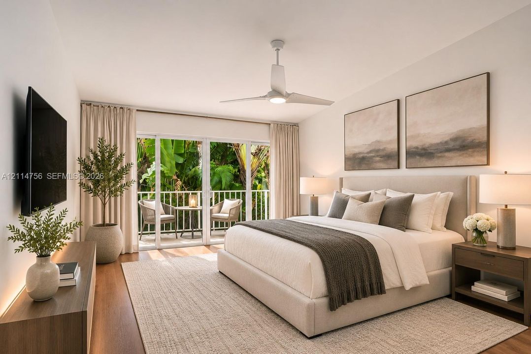 Sliding glass doors opening to a private balcony, wood-finish flooring, and a ceiling fan with integrated lighting