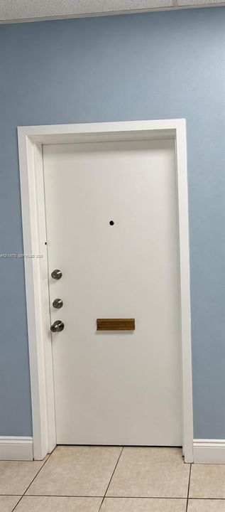 White interior door featuring a brass mail slot, multiple locking mechanisms, and a central peephole, encased in a white door frame against blue wall paint and tile flooring