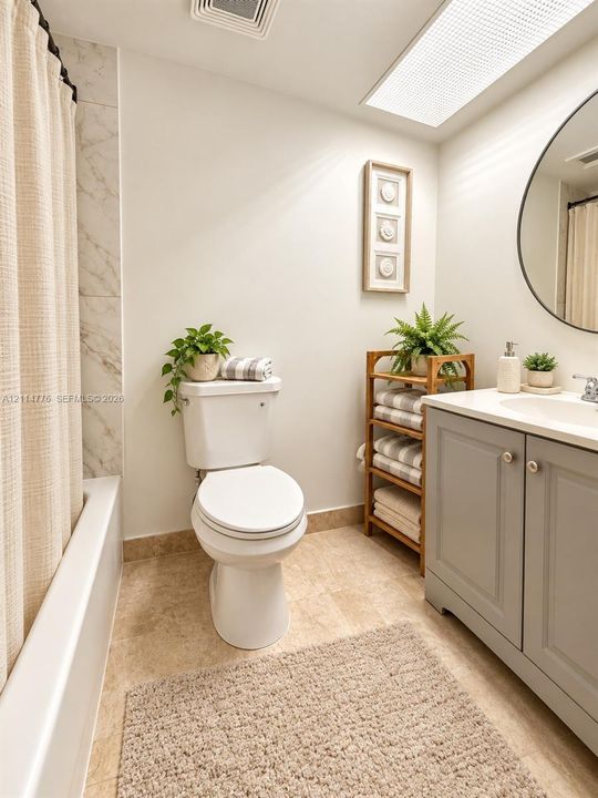 Bathroom featuring a grey vanity with a light-toned countertop, round mirror, recessed ceiling lighting, and a bathtub with tile surround