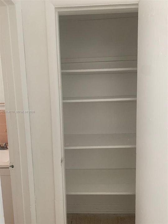 Built-in storage closet featuring four fixed white-finish shelves