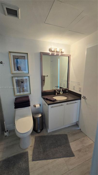 Bathroom featuring a wood-finish floor, a vanity with a dark countertop and oval undermount sink, a rectangular framed mirror, and a modern three-light wall-mounted fixture