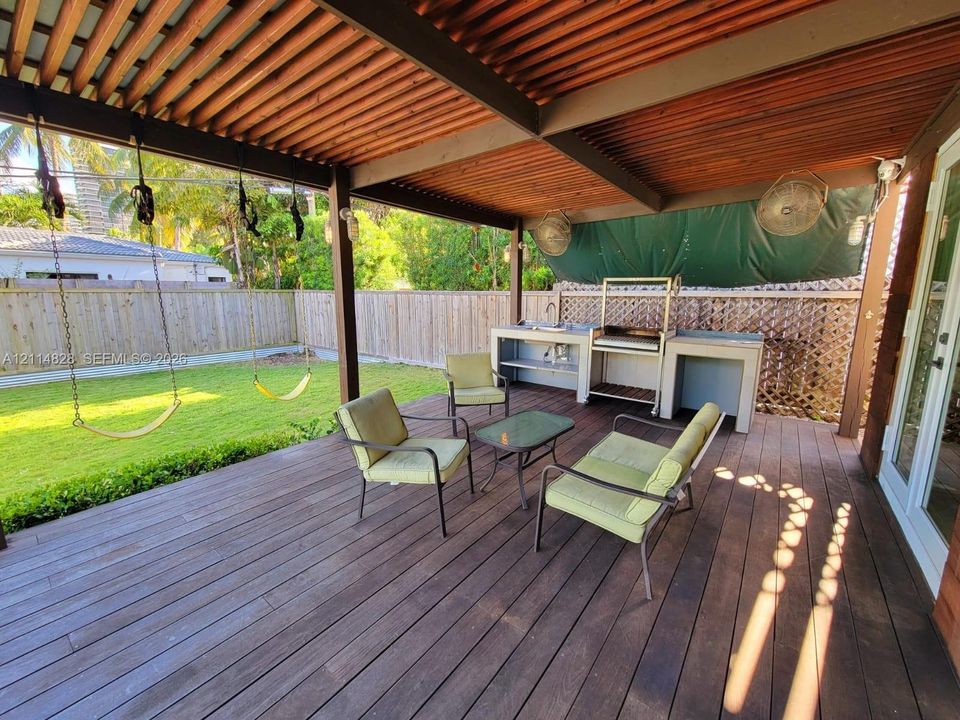 Covered wooden deck featuring a slatted ceiling, outdoor kitchen with a stainless steel grill and sink, and a fenced backyard with a lawn