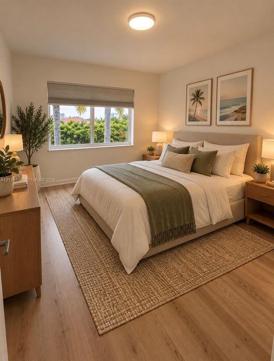 AI Neutral-toned bedroom featuring wood-finish flooring, a flush-mount ceiling light, and a window with a fabric shade