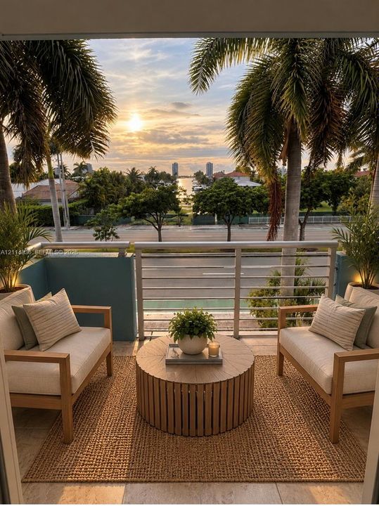 AI Covered balcony featuring tile flooring, metal railings, and natural surroundings