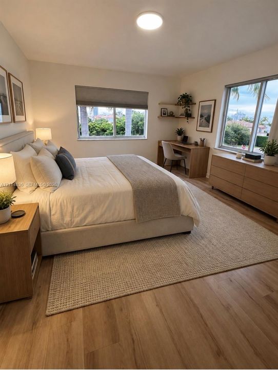AI Neutral-toned bedroom featuring wood-finish flooring, dual windows with roller shades, and two floating wooden wall shelves