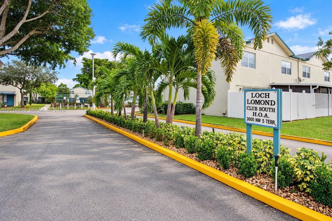 Paved roadway entry featuring mature palm trees, manicured hedges, and professional landscape curbing