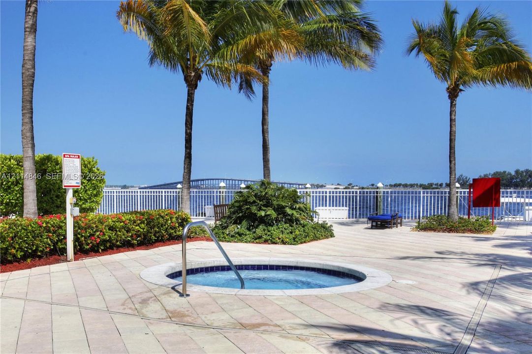 In-ground spa with stone-paver surround, metal safety railing, and mature palm trees