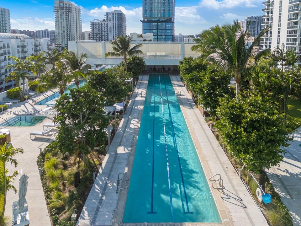 Lap pool with stone-tiled decking, integrated landscaping, mature palm trees, and structural shaded areas