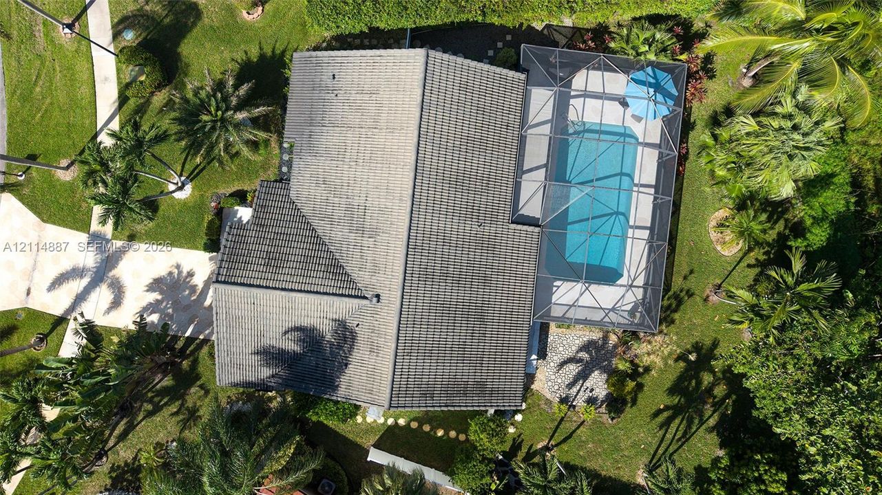Aerial view featuring a screened-in swimming pool, shingle roof, paved walkway, and landscaping