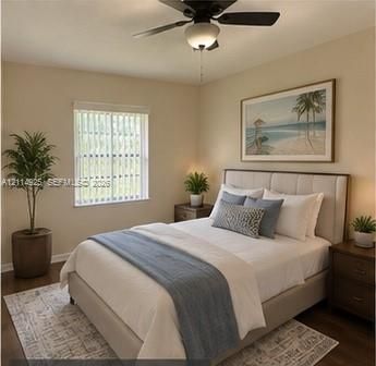 Neutral interior paint, wood-finish flooring, central ceiling fan with integrated lighting, and window with vertical blinds