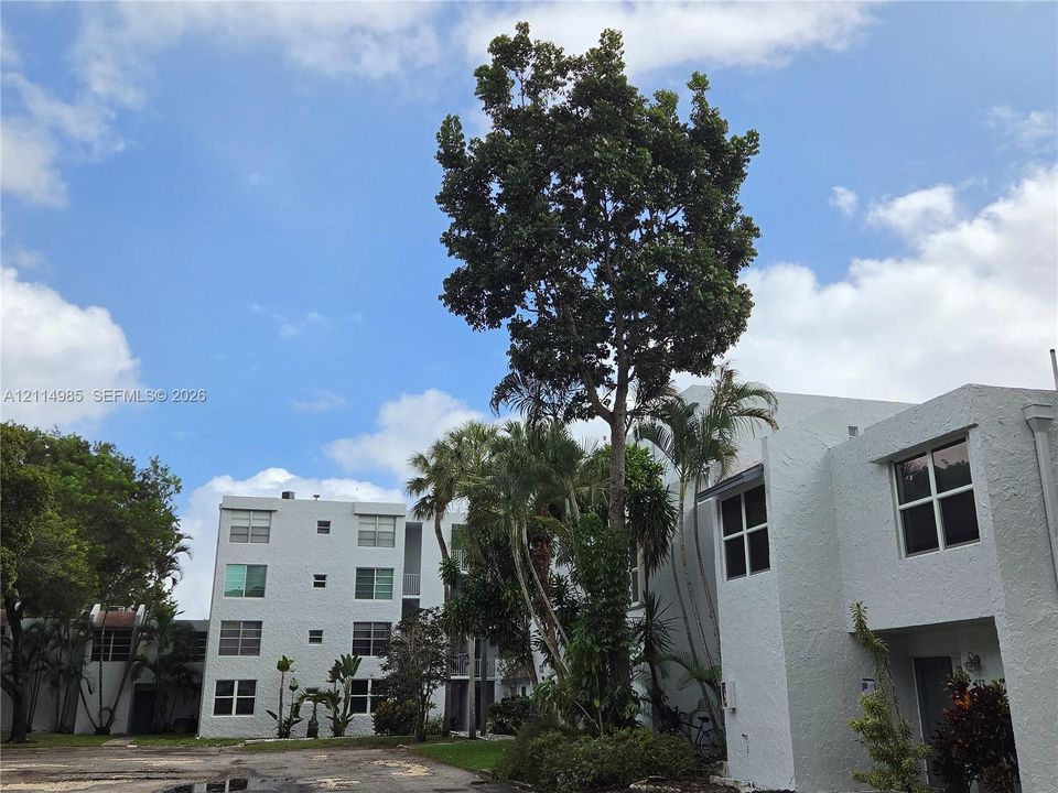 Multi-story residential building with textured stucco exterior, grid-pattern windows, and mature trees