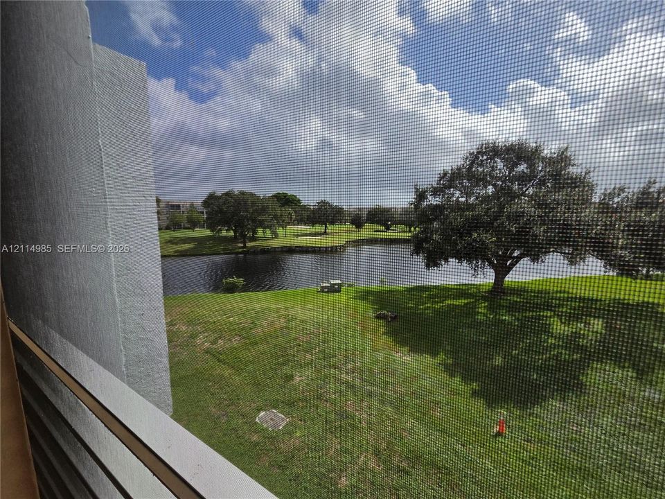 Exterior balcony featuring a white metal railing and a mesh screen overlooking a grass lawn, a pond, and mature trees