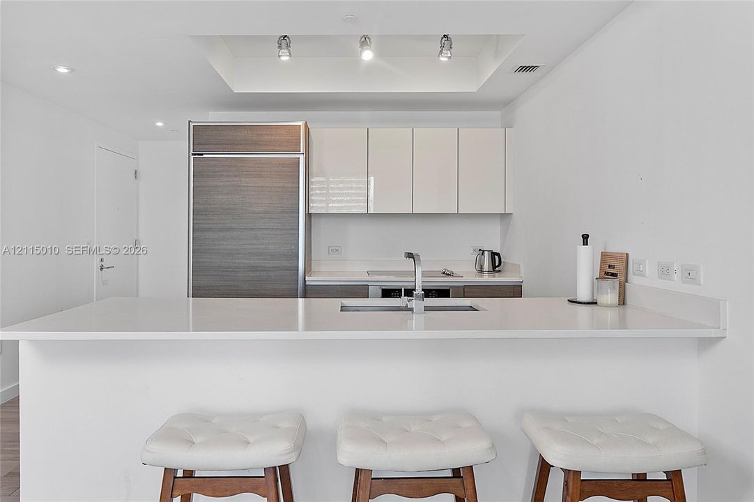 Kitchen featuring a solid-surface countertop, integrated refrigerator, flat-panel cabinetry, recessed tray ceiling lighting, and a dual-basin undermount sink